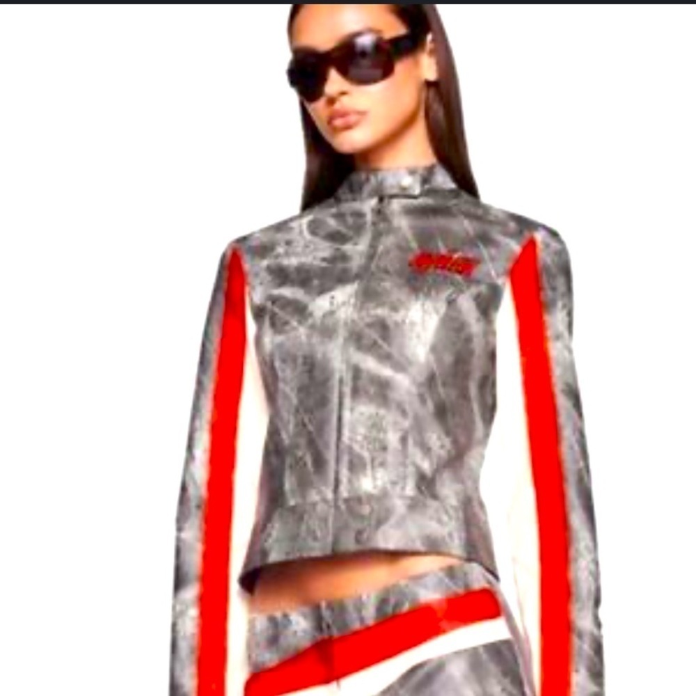 I.AM.GIA Devyn Moto Leather Jacket NWOT GREY RED STRIPED winter y2k coat casual
